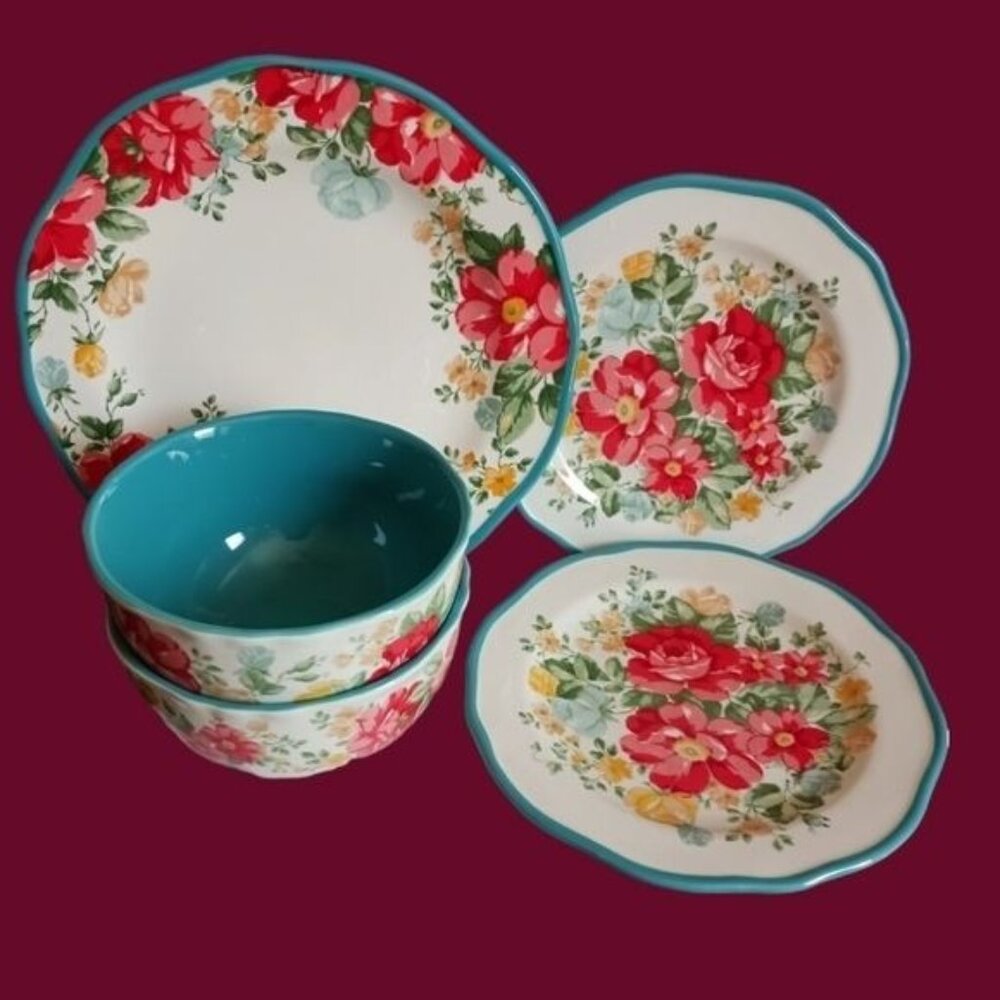 The pioneer woman vtg floral 5 pcs dinner plate set wht/pink/ turquoise colors - Picture 6 of 9